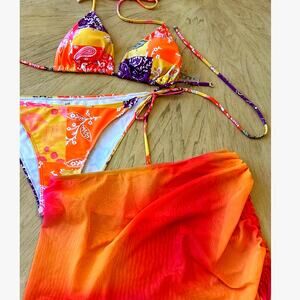 boho bikini & skirt MED Sheer coverup orange yellow Swimsuit 3 Piece Set Sexy
